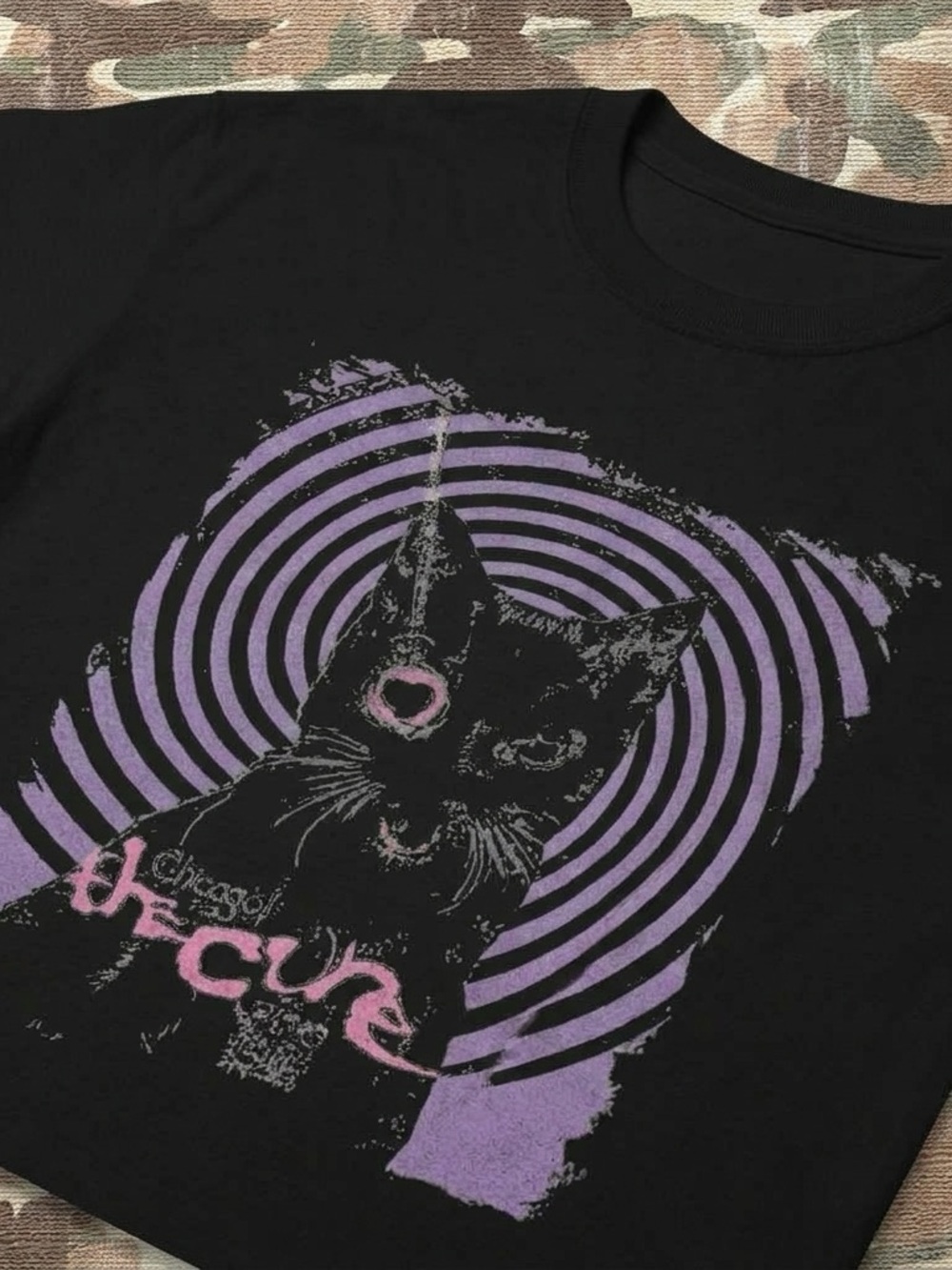 Black & Purple Cat Graphic Tee - Unbranded
